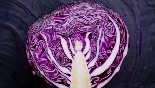 close up sliced or cut fresh purple or red cabbage in a half top view flat lay to present surface and texture of cabbage use for background or wallpaper vegetable pattern concept in macro style