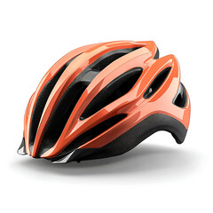 A close-up view of a vibrant orange bicycle helmet, showcasing its aerodynamic design on a white background, easy to use.