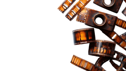 Faded filmstrip rolls with tiny camera shapes, dark background