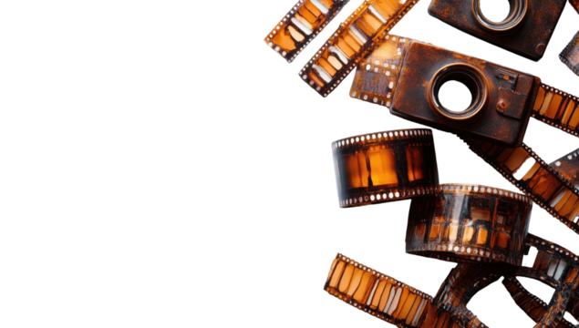 Faded filmstrip rolls with tiny camera shapes, dark background
