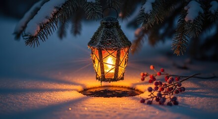 Glowing lantern hanging from a snowy pine tree branch at dusk
