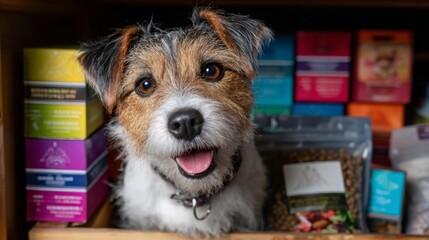 Happy dog poses in a cozy pet supply shop during daytime, surrounded by colorful food packaging and treats