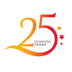 Celebrating 25 Years Anniversary Emblem in Fiery Orange and Red with Stars, Embodying Success and Longevity