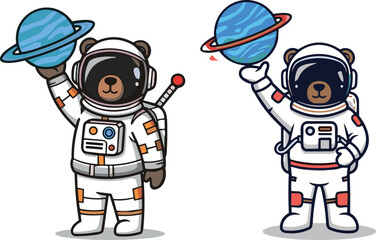 Obraz premium Two Cartoon Bear Astronauts Holding Planets On White Background