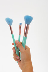 A hand holding three green and blue makeup brushes. The brushes are of different sizes and are held together in a bundle