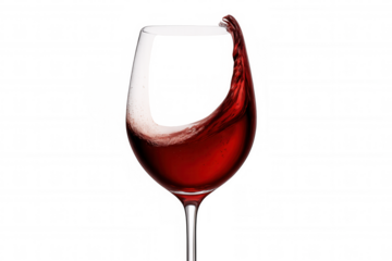 Red wine splashing in a glass, creating a dynamic wave. Liquid alcohol beverage moving, isolated with transparent background