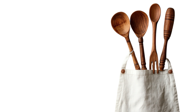 Wooden spoons and fork in apron pocket against a black background