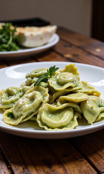 plate vibrant green artichoke ravioli sits soft focus illuminated warm natural light rustic wooden