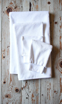 soft white towel centered rustic wooden surface surrounded three matching towels neat