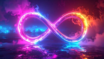 A neon infinity symbol surrounded by vibrant, smoky clouds and reflections, creating a dramatic and colorful digital artwork