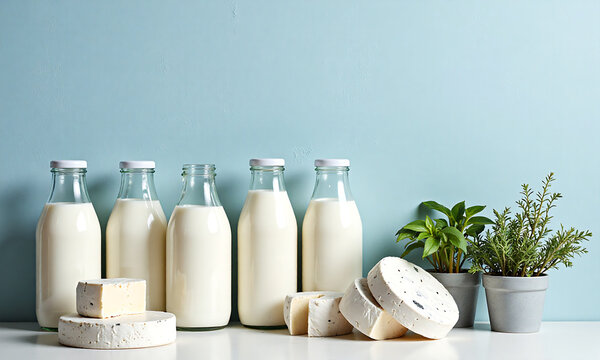 vibrant arrangement fresh milk bottles cheese wheels potted herbs rests soft serene blue wall