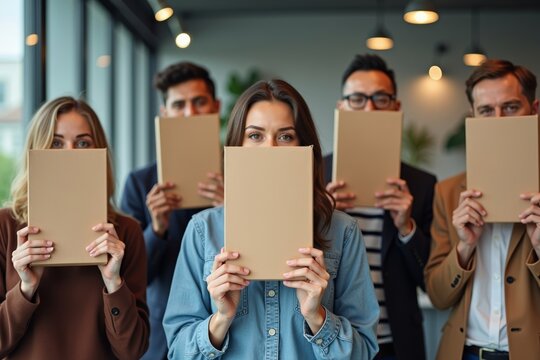 Title: Playful and Mysterious Portrait of Diverse Employees in Office Holding Cardboard Boxes