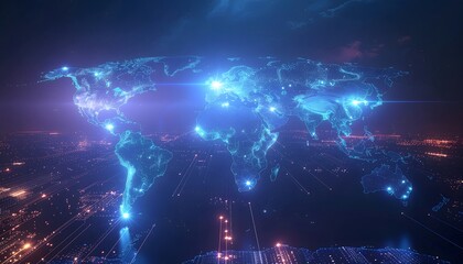 Glowing World Map Made of Digital Blue Circuits