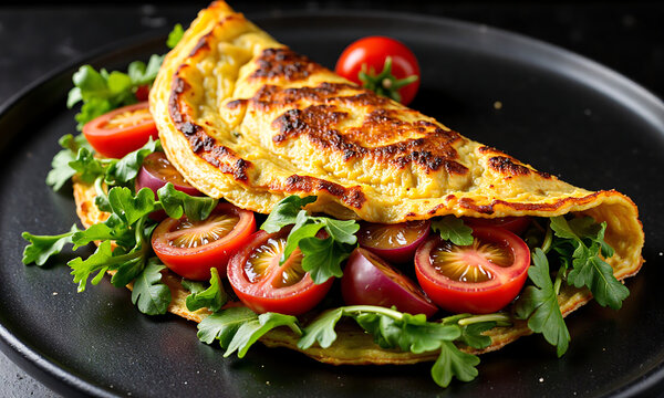 warm omelette filled juicy tomatoes fresh greens sits atop sleek black