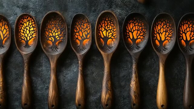Artistic wooden spoons with tree designs glowing orange