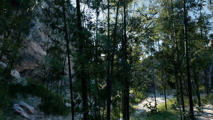 A peaceful path winds through a vibrant bamboo forest under bright sunlight. Tall green stalks create a serene atmosphere, inviting exploration and harmony with nature.