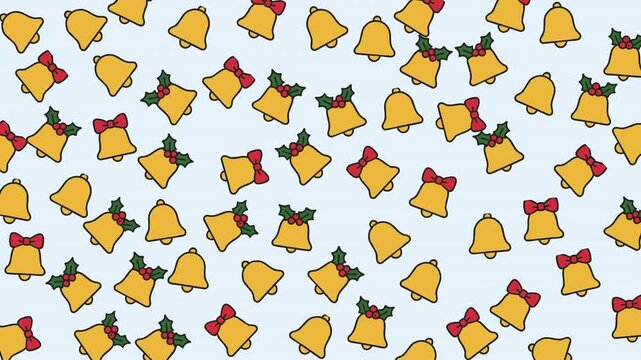 Festive holiday pattern with bells holly and red ribbons on a light background