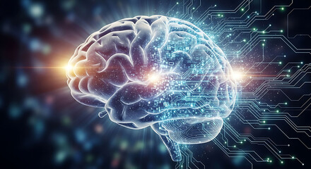 Digital brain with circuits and glowing lights representing artificial intelligence