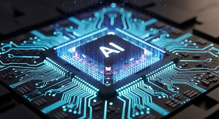 Futuristic ai chip with glowing blue circuitry and digital network