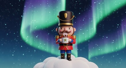 Fototapeta premium Nutcracker soldier holds hot drink under aurora borealis