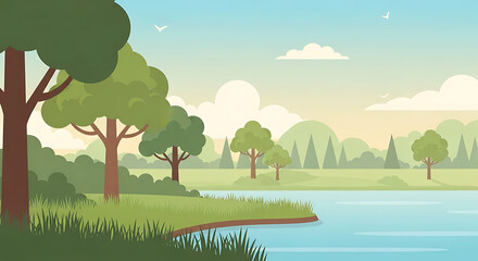 Serene lakeside landscape with lush green trees and calm water