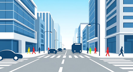 Modern city street with tall buildings and pedestrians
