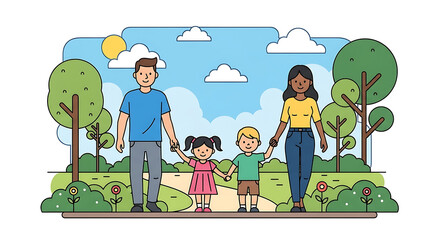 Diverse family enjoying a sunny day outdoors in a park with trees and clouds