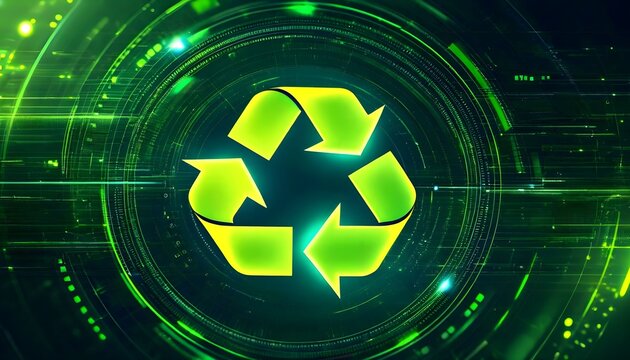 A glowing green recycling symbol on a futuristic digital technology background.
