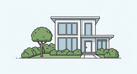 Modern two story house with greenery and trees illustration