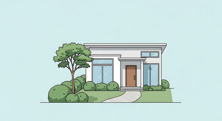 Modern minimalist house with landscaping and a pathway