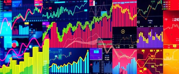 Abstract collage of vibrant financial charts, graphs, and data visualizations, forming a dynamic composition, financial growth,  geometric shapes
