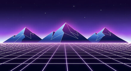 Retro futuristic landscape with neon grid and mountain peaks