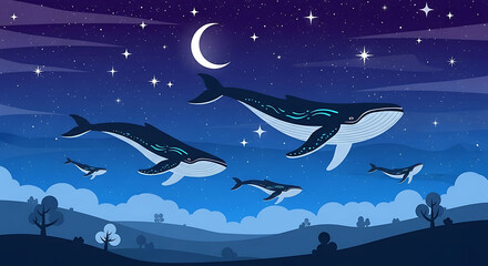Whales and orcas swimming in a starry night sky with a crescent moon