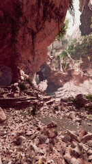 A breathtaking canyon scene reveals towering red rocks, lush greenery, and intriguing pathways. Light filters through, adding a sense of wonder to this secluded natural beauty during midday.