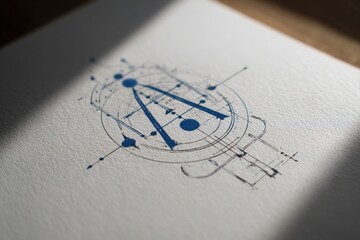 Abstract geometric logo concept with blue lines and circular shapes drawn on white textured paper in soft natural light