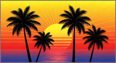 Vibrant sunset over tropical ocean with silhouetted palm trees