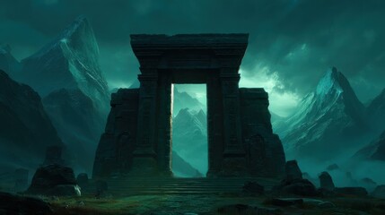 Mysterious stone structure in a dramatic landscape under a cloudy sky