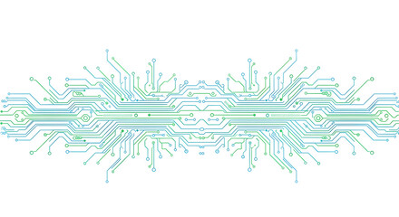 Abstract digital circuit board pattern with glowing blue and green lines on white background