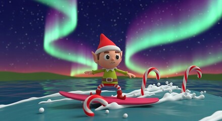 Christmas elf surfing on a candy cane wave under the aurora borealis
