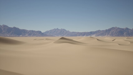 A breathtaking view of vast golden sand dunes stretches endlessly in the desert, with stunning mountain ranges rising in the distance under a bright blue sky.