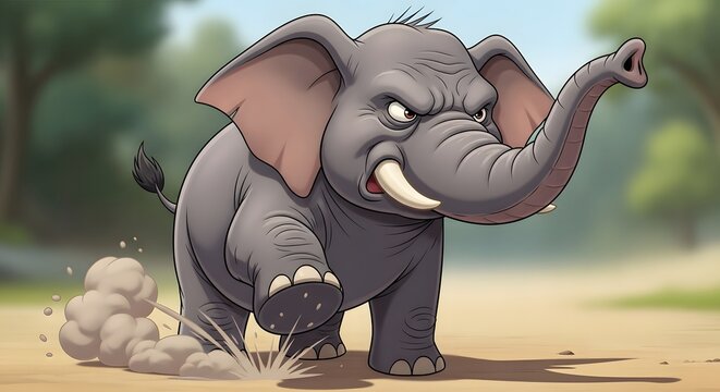 An angry cartoon elephant with tusks and raised trunk charges forward, kicking up dust.