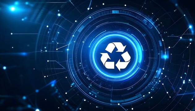 Futuristic digital interface with a glowing recycling symbol, representing environmental technology and sustainability.