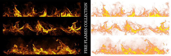 Fire Flames Collection isolated on Black and White background, movement of fire flames 
