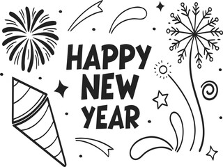 Happy new year greeting with fireworks and party popper festive celebration design