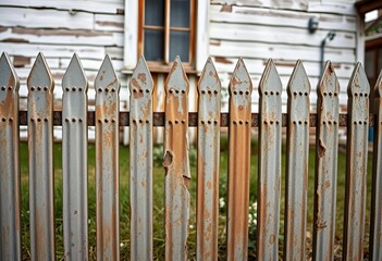 Obraz premium Weathered zinc fence against an old house, showing texture and patina, zinc sheet, farm
