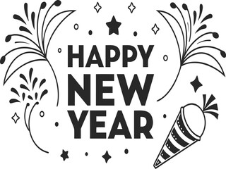 Happy new year greeting with fireworks and party popper festive celebration design