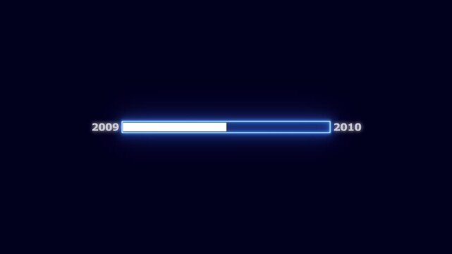 Loading bar illustrating the progression from 2009 to 2010 with a vibrant blue neon effect progress bar