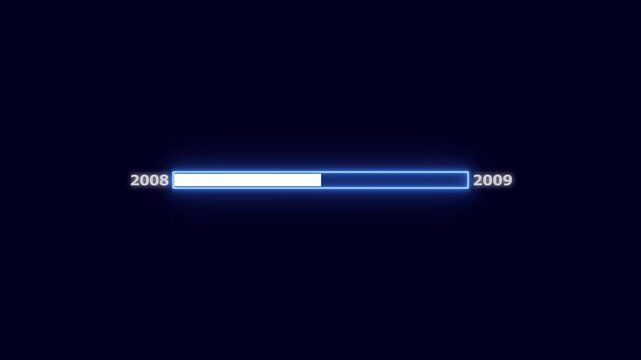 Progress bar indicating transition from year 2008 to 2009 with bright blue neon glow loading bar