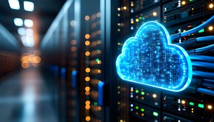 A digital cloud graphic superimposed on a server room, representing cloud computing and data storage.
