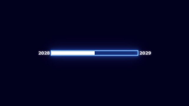 Loading bar indicating progress from year 2028 to 2029 with a vibrant blue neon light Keywords: progress bar, loading bar, loading, progress, future, year, 2028, 2029, transition, time, countdown